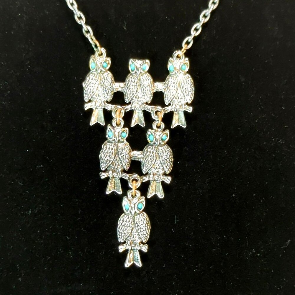 Vintage Tiered Owl Necklace Faux Turquoise Silver Tone 16-Inches Long
